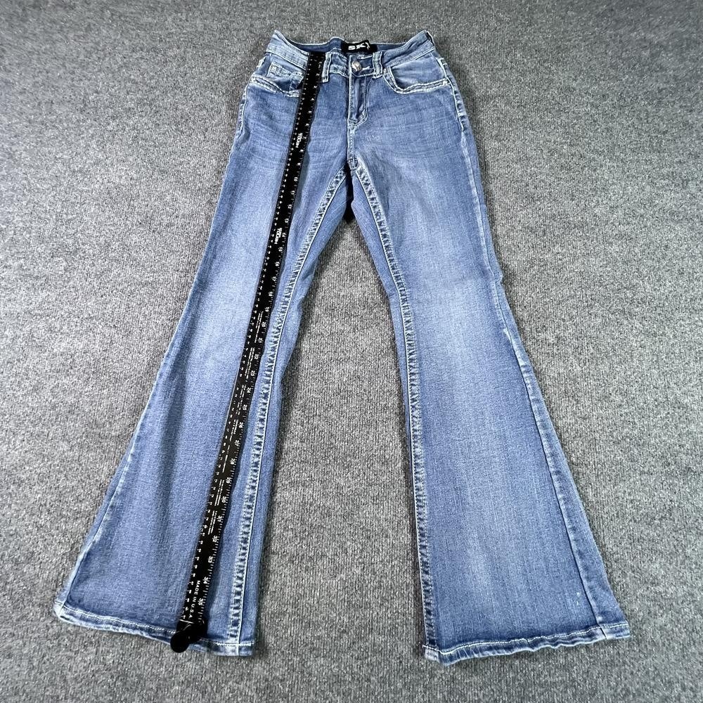 SKY Flared Jeans Women's 4 Blue Denim Embroidered Western Rhinestones Workwear - Picture 2 of 16